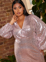 Plus Size Long Sleeve Plunge Sequin Midi Dress in Pink