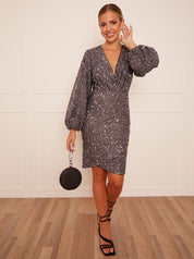 Long Sleeve Plunge Sequin Bodycon Mini Dress in Grey