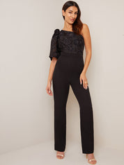 One Shoulder Balloon Sleeve Jumpsuit in Black