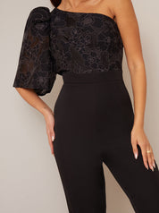 One Shoulder Balloon Sleeve Jumpsuit in Black