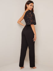One Shoulder Balloon Sleeve Jumpsuit in Black