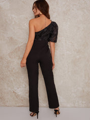 Petite One Shoulder Balloon Sleeve Jumpsuit in Black