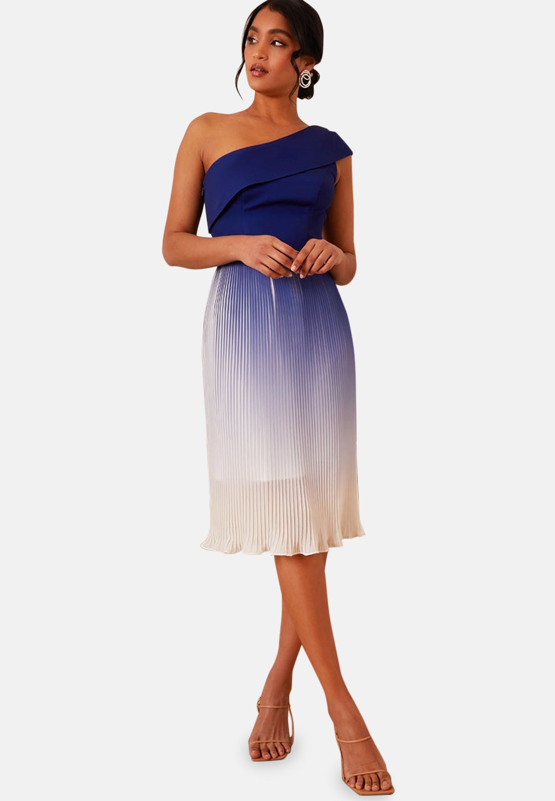 One Shoulder Ombre Pleated Midi Dress in Blue