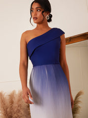 One Shoulder Ombre Pleated Midi Dress in Blue
