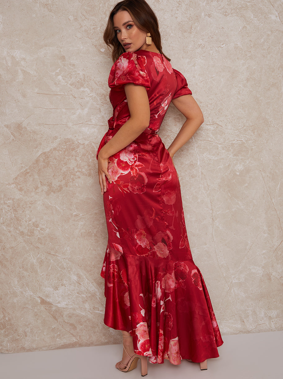 Petite V Neck Puff Sleeve Floral Print Midi Dress in Red