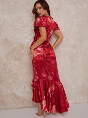 Petite V Neck Puff Sleeve Floral Print Midi Dress in Red