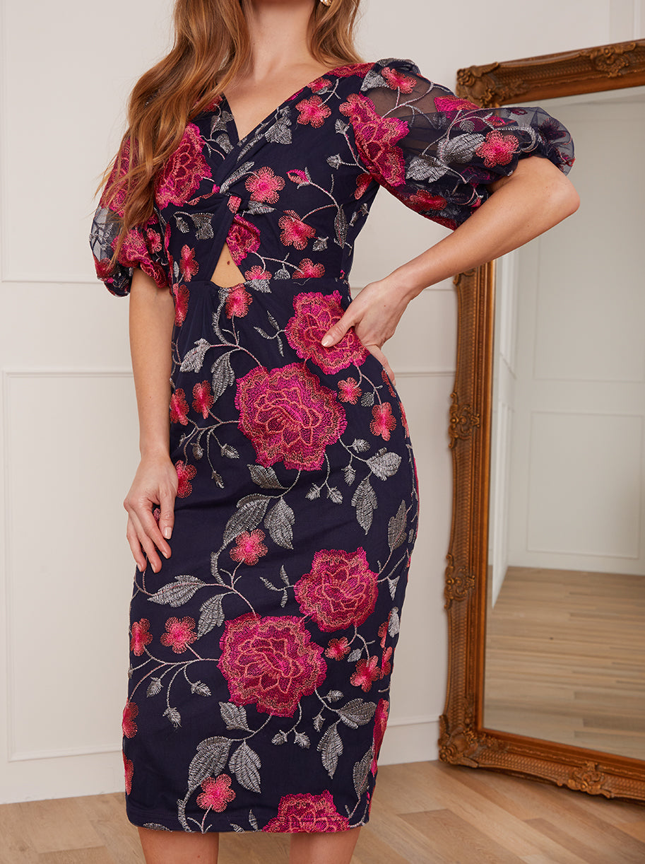 Petite V Neck Floral Bodycon Dress in Navy