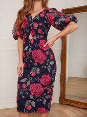 Petite V Neck Floral Bodycon Dress in Navy