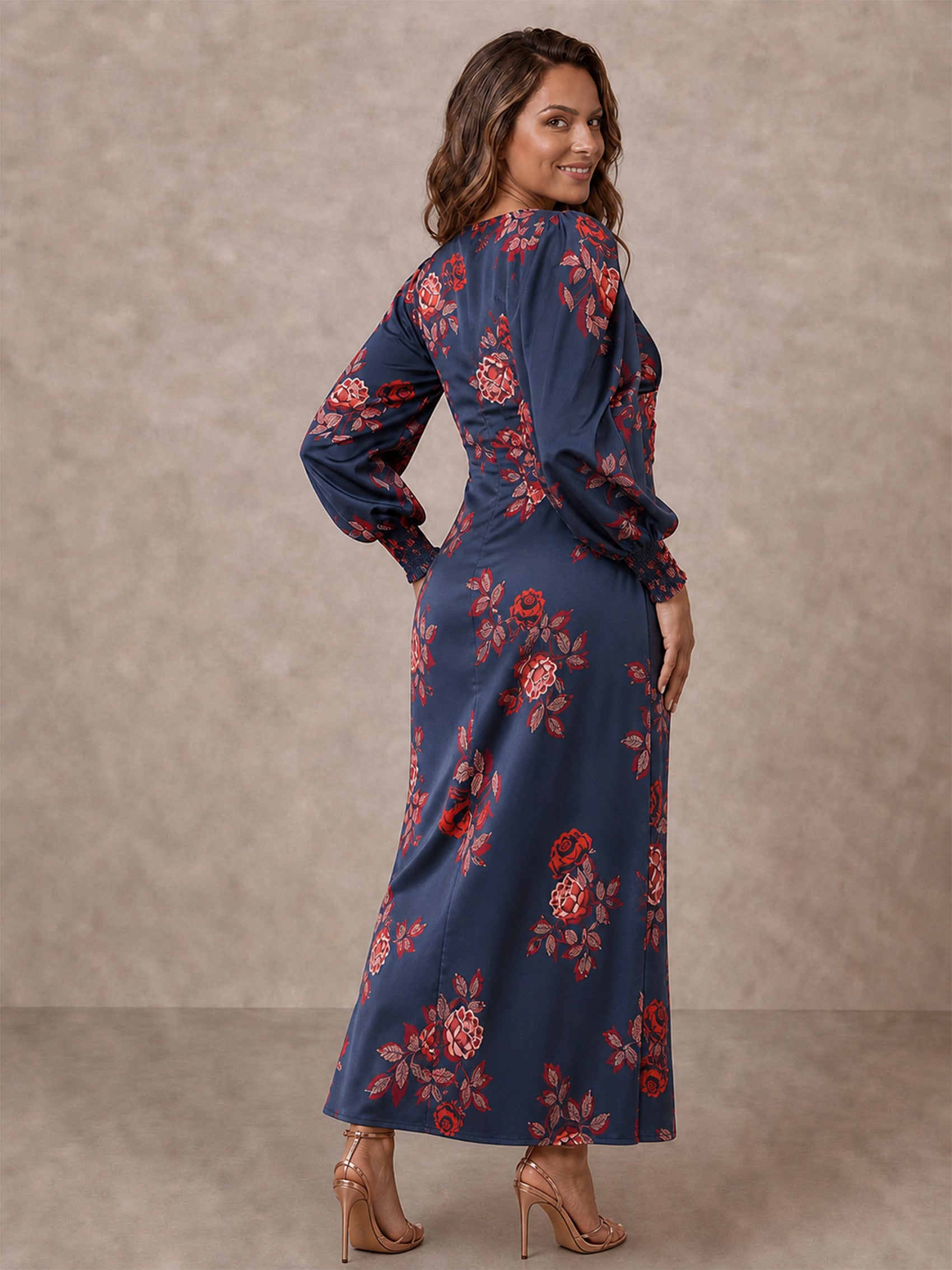 Twist Bodice Floral Maxi Dress in Navy