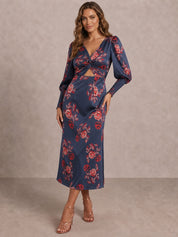 Twist Bodice Floral Maxi Dress in Navy
