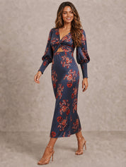 Twist Bodice Floral Maxi Dress in Navy