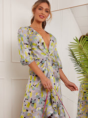 Twist Front Abstract Midi Dress in Silver