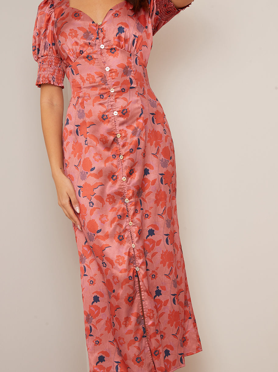 Puff Sleeve Floral Maxi Dress in Orange