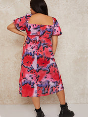 Plus Size Square Neck Abstract Print Midi Dress in Multi