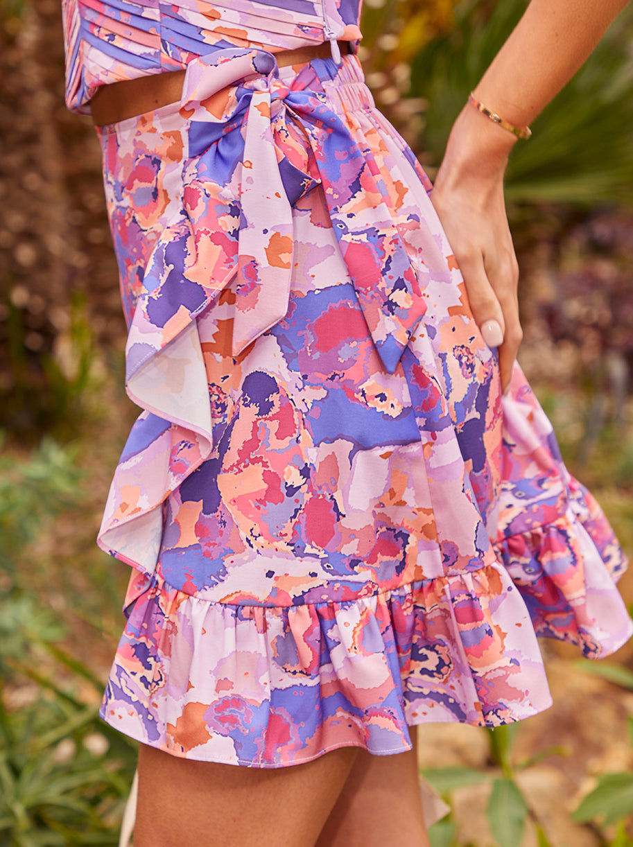 Ruffle Abstract Print Wrap Mini Skirt in Purple