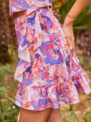 Ruffle Abstract Print Wrap Mini Skirt in Purple