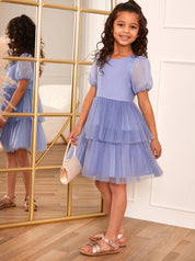 Younger Girls Puff Sleeve Tiered Tulle Midi Dress in Blue