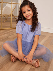Younger Girls Puff Sleeve Tiered Tulle Midi Dress in Blue