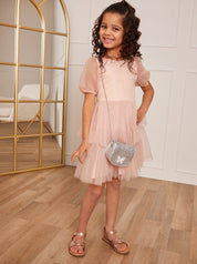 Younger Girls Puff Sleeve Tiered Tulle Midi Dress in Pink