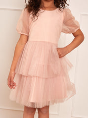 Younger Girls Puff Sleeve Tiered Tulle Midi Dress in Pink
