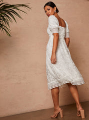 Sweetheart Puff Sleeve Embroidered Midi Dress in White