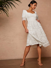 Sweetheart Puff Sleeve Embroidered Midi Dress in White