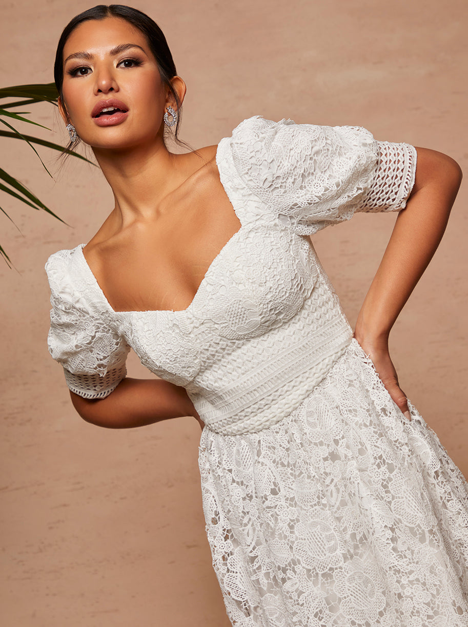 Sweetheart Puff Sleeve Embroidered Midi Dress in White | Chi Chi London UK Sweetheart Puff Sleeve Embroidered Midi Dress in White | Chi Chi London UK