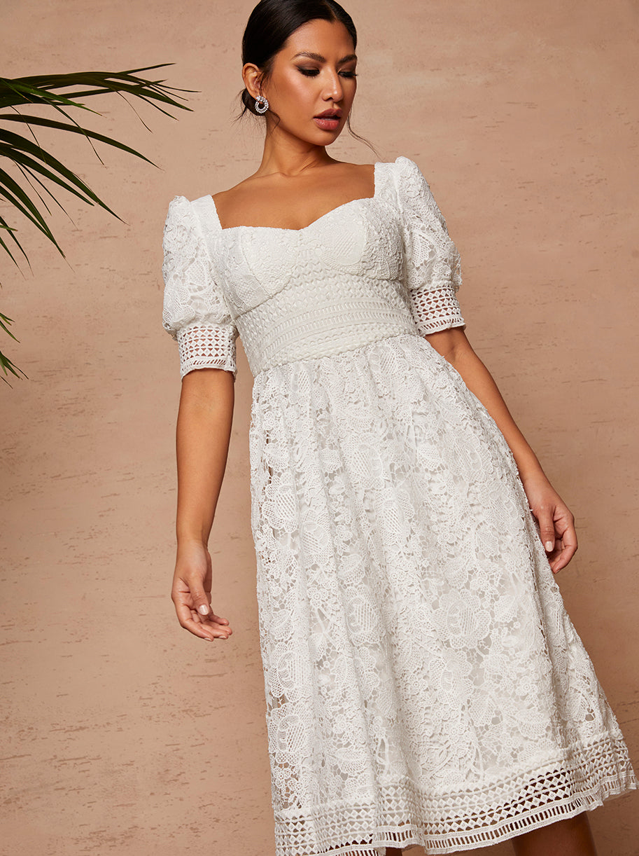 Sweetheart Puff Sleeve Embroidered Midi Dress in White