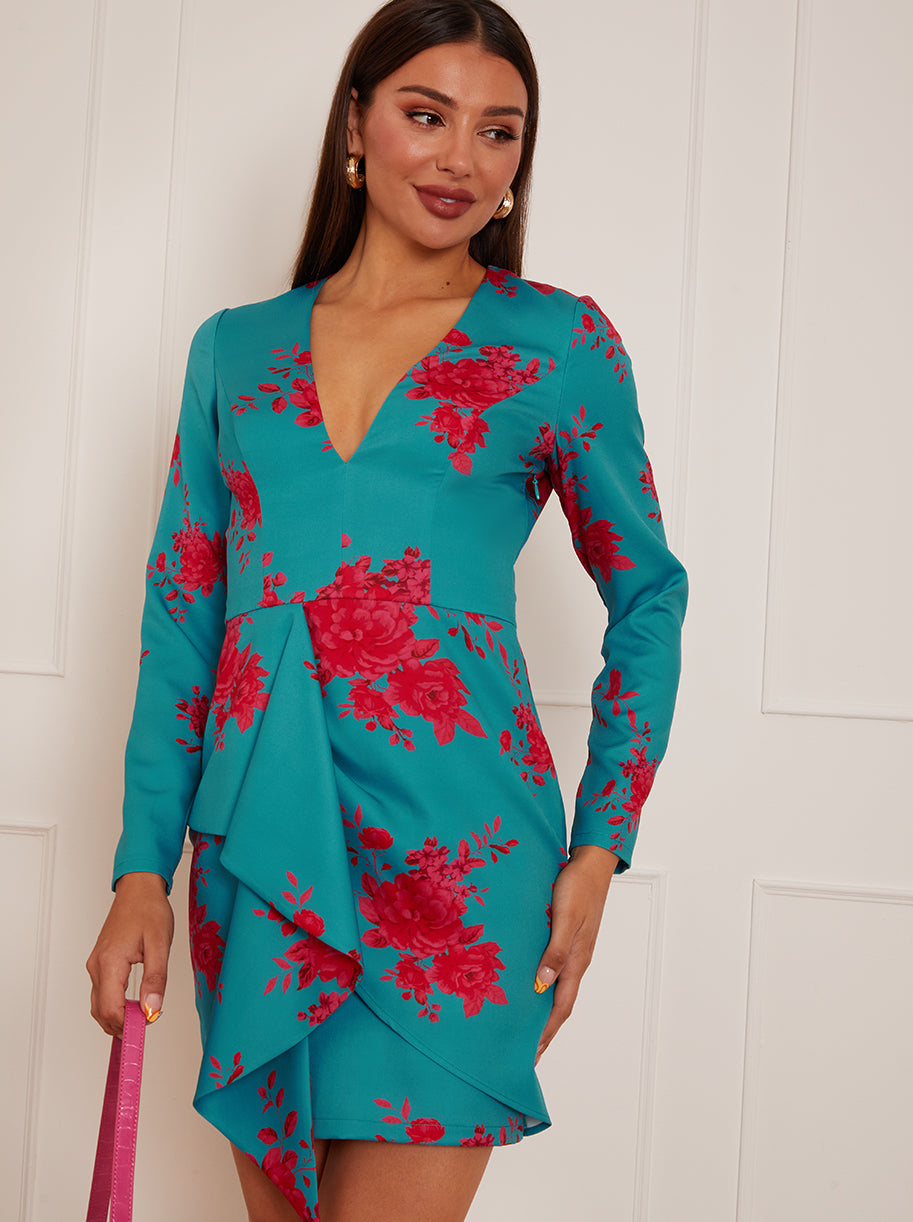 Long Sleeve Floral Printed Mini Dress