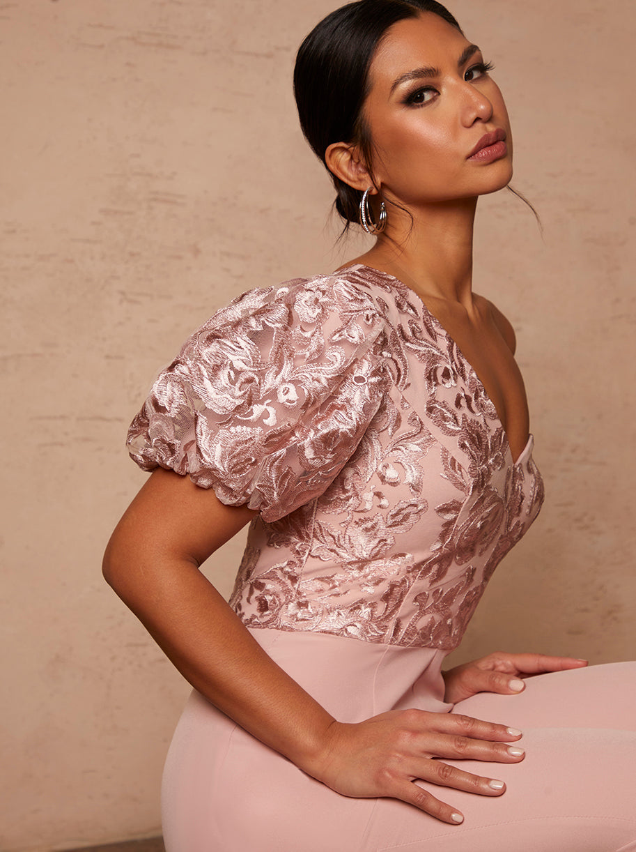 One Shoulder Puff Sleeve Embroidered Jumpsuit in Pink