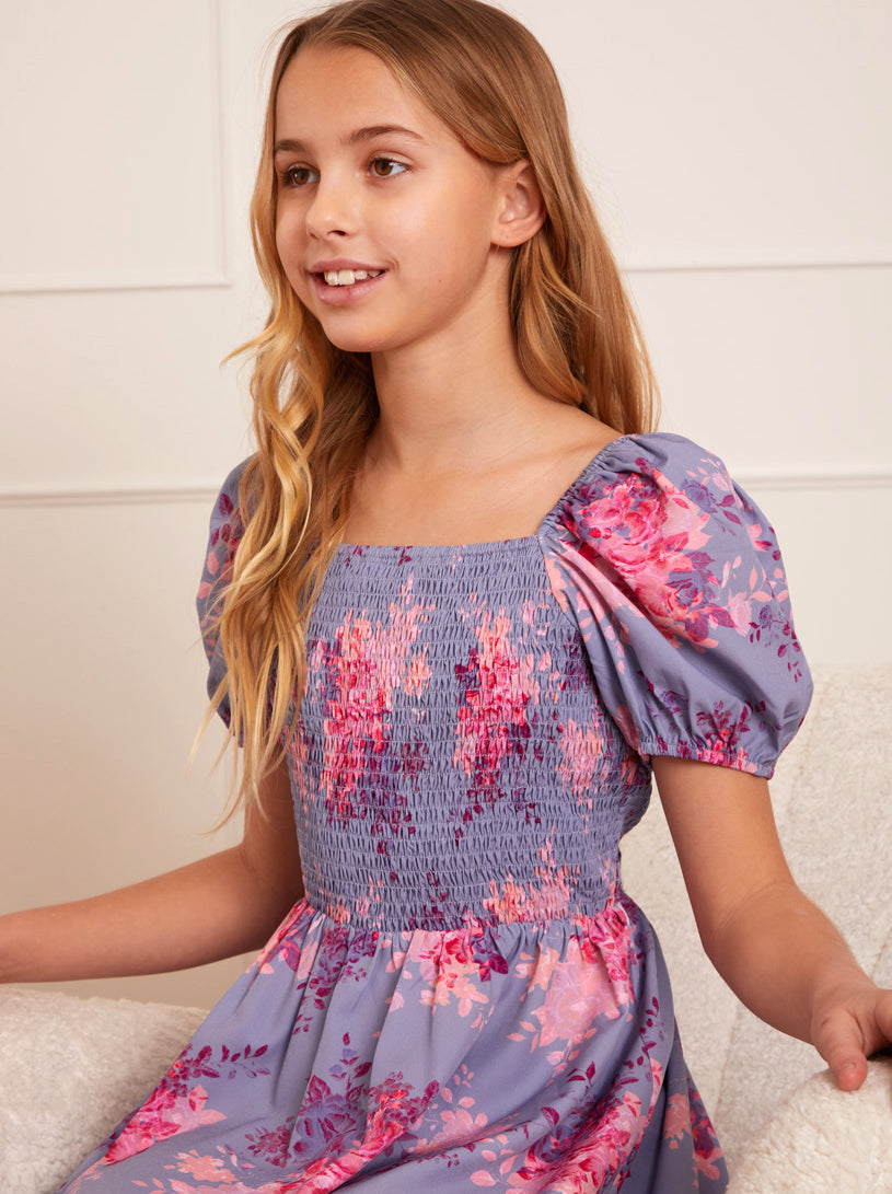 Older Girls Puff Sleeve Shirred Floral Dress in Purple