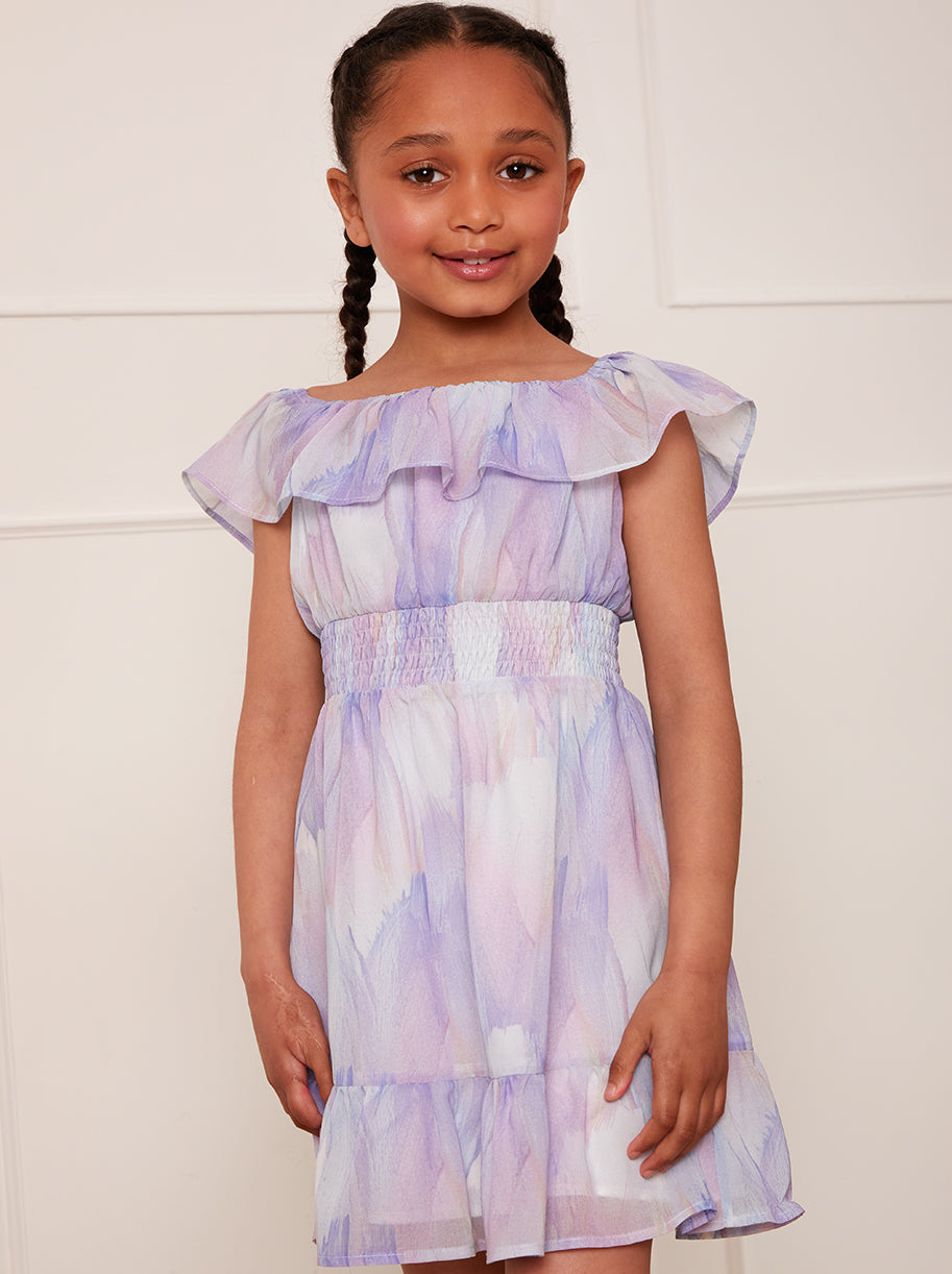 Younger Girls Bardot Neckline Watercolour Dress in Lilac