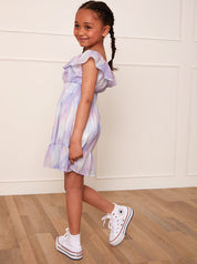 Younger Girls Bardot Neckline Watercolour Dress in Lilac