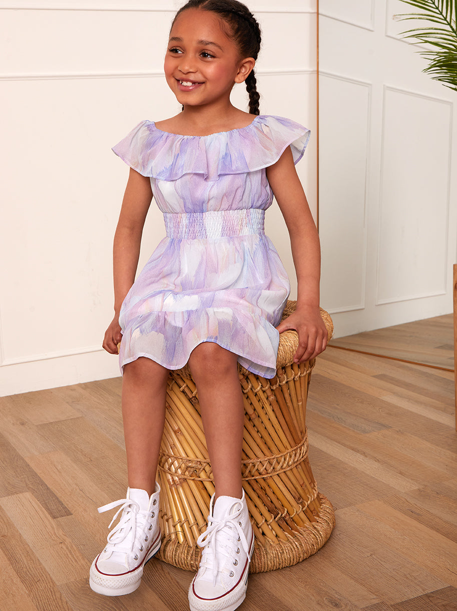 Younger Girls Bardot Neckline Watercolour Dress in Lilac