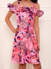 Older Girls Ruffle Abstract Floral Midi Dress in Pink