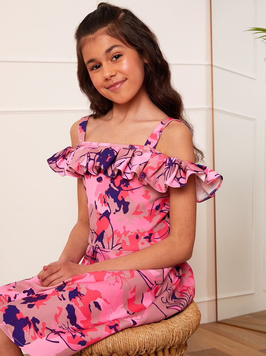 Older Girls Ruffle Abstract Floral Midi Dress in Pink