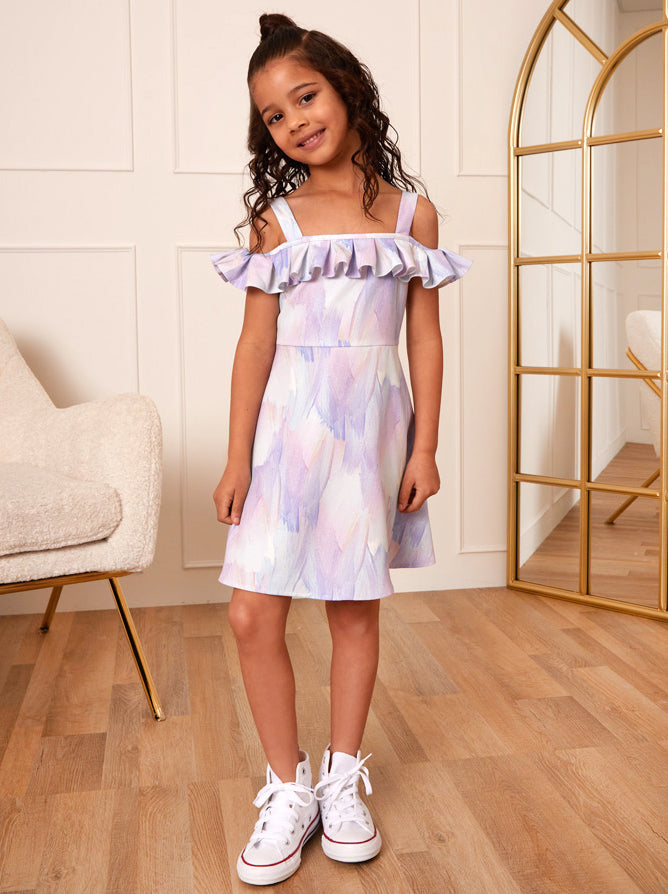 Younger Girls Ruffle Washed Print Midi Dress in Purple