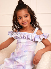Younger Girls Ruffle Washed Print Midi Dress in Purple