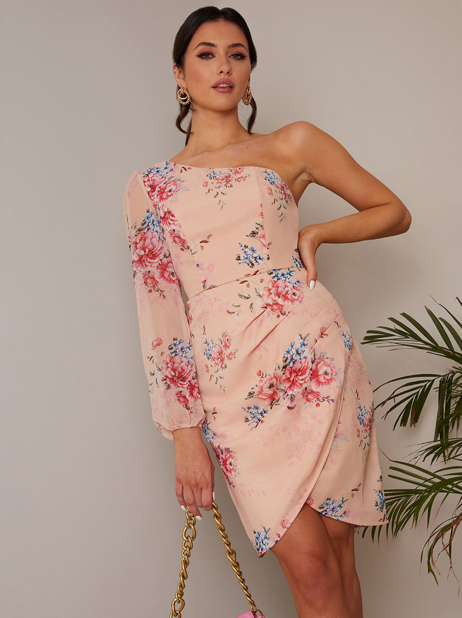Long Sleeve One Shoulder Floral Mini Dress in Pink