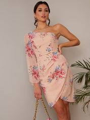 Long Sleeve One Shoulder Floral Mini Dress in Pink