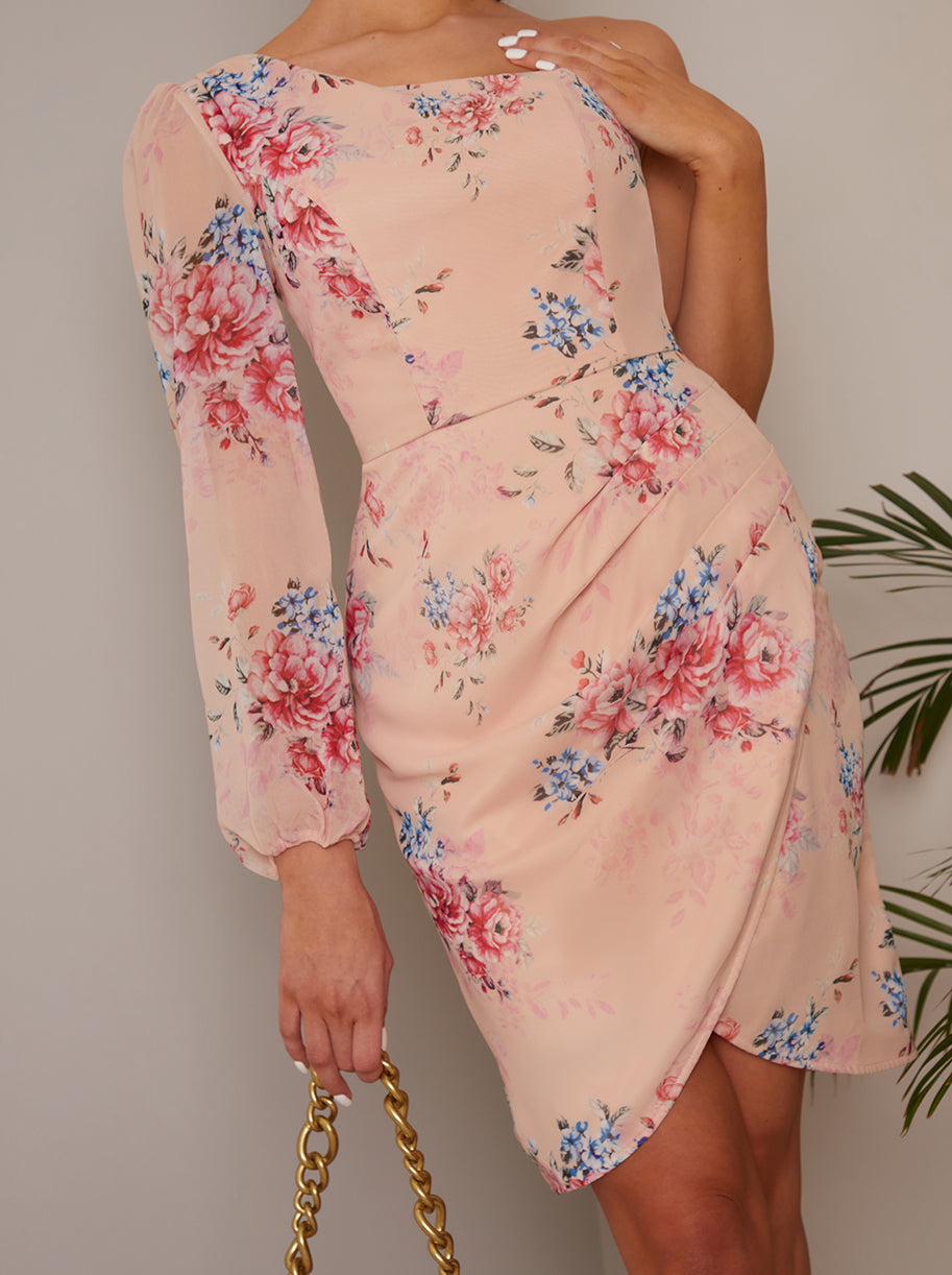 Long Sleeve One Shoulder Floral Mini Dress in Pink