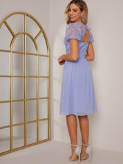Puff Sleeve V Neck Embroidered Lace Midi Dress in Blue