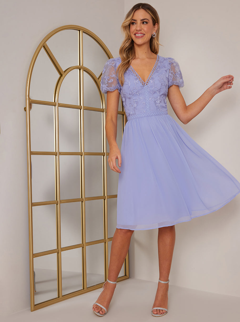 Puff Sleeve V Neck Embroidered Lace Midi Dress in Blue