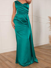Petite Ruched One Shoulder Satin Maxi Dress in Green