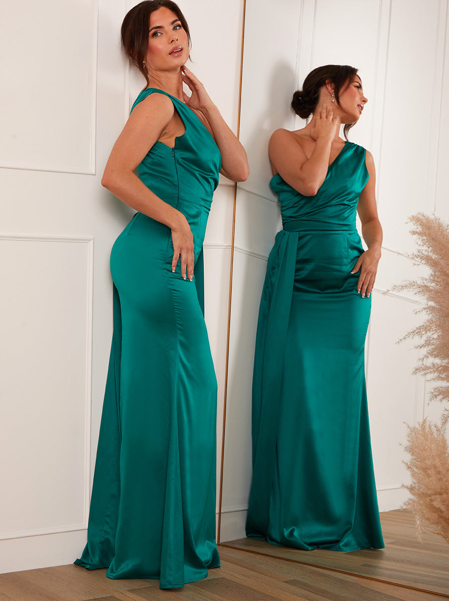 Petite Ruched One Shoulder Satin Maxi Dress in Green
