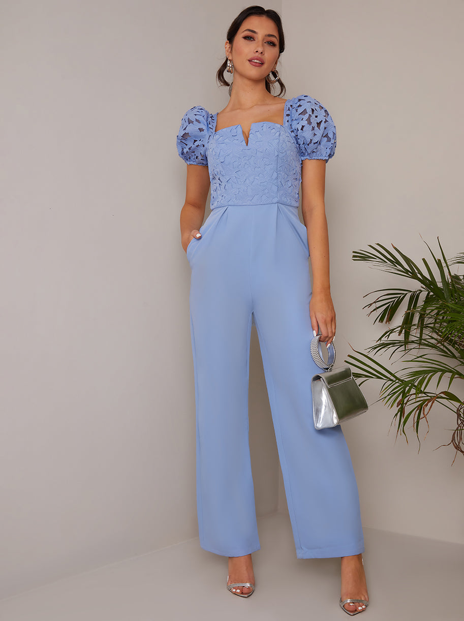 Puff Sleeve Crochet Jumpsuit in Blue