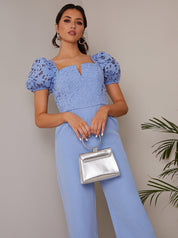 Puff Sleeve Crochet Jumpsuit in Blue
