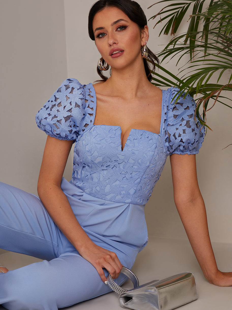 Puff Sleeve Crochet Jumpsuit in Blue