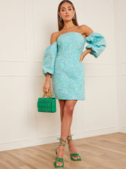 Long Sleeve Off-Shoulder Mini Dress in Blue