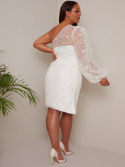 Plus Size One Shoulder Balloon Sleeve Bodycon Dress in White